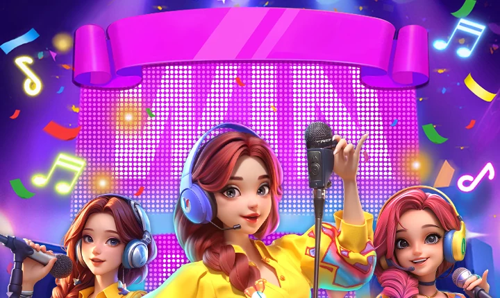 Artwork resmi rp777: tiga idol panggung dengan mikrofon dan headset di atas panggung ungu berkonfeti